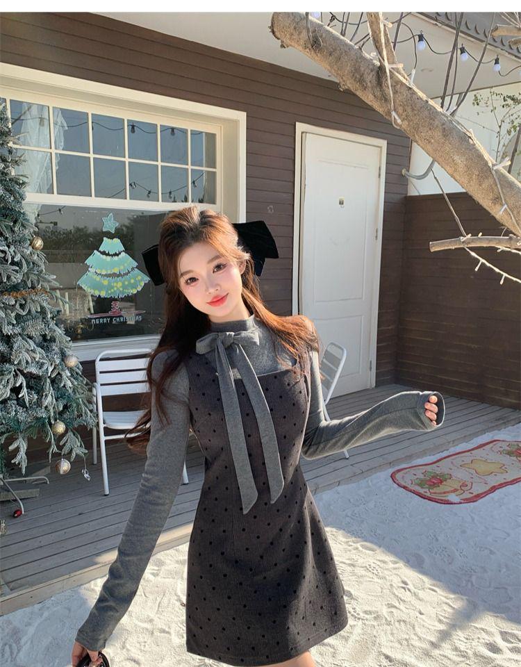 Korean Faux Two-Piece Grey Bow Polka Dot Dress, Waist-Cinched A-Line Skirt for Autumn