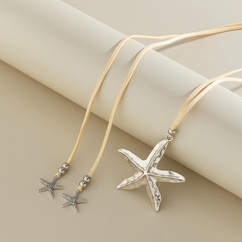 Bohemian Metal Starfish Conch Pendant Necklace for Women Ethnic Ocean Style Rope Necklace Summer Beach Holiday Jewelry