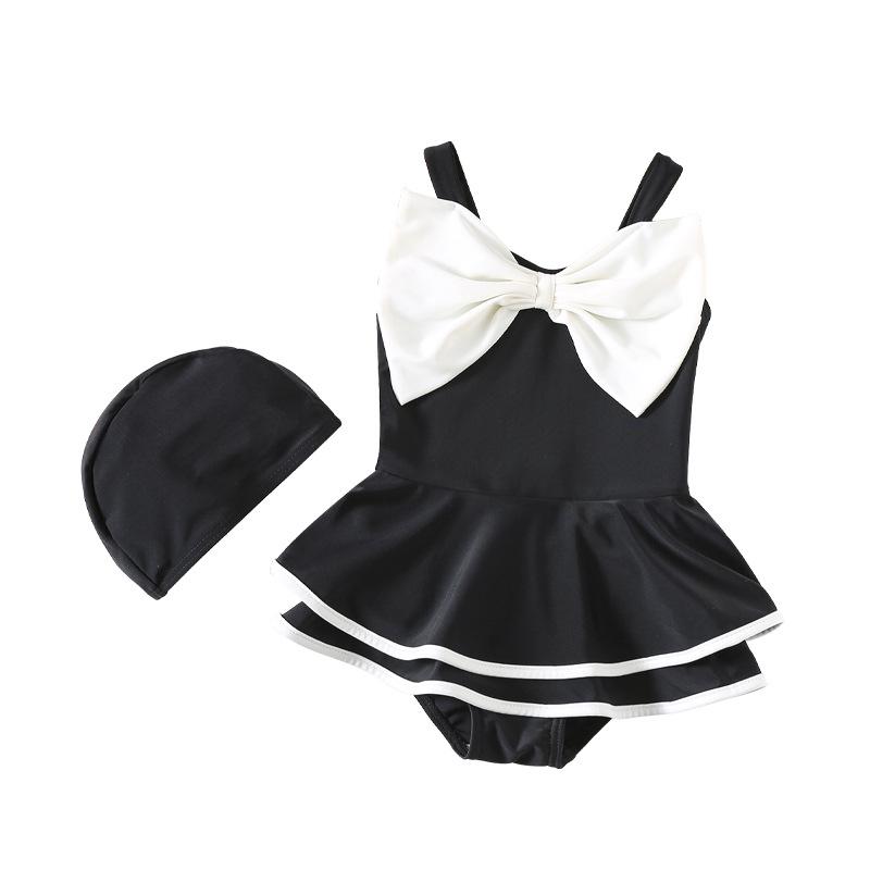 Children's Bowknot One-Piece Swimsuit & Swim Cap – Quick-Drying Dress Style for Toddler Girls