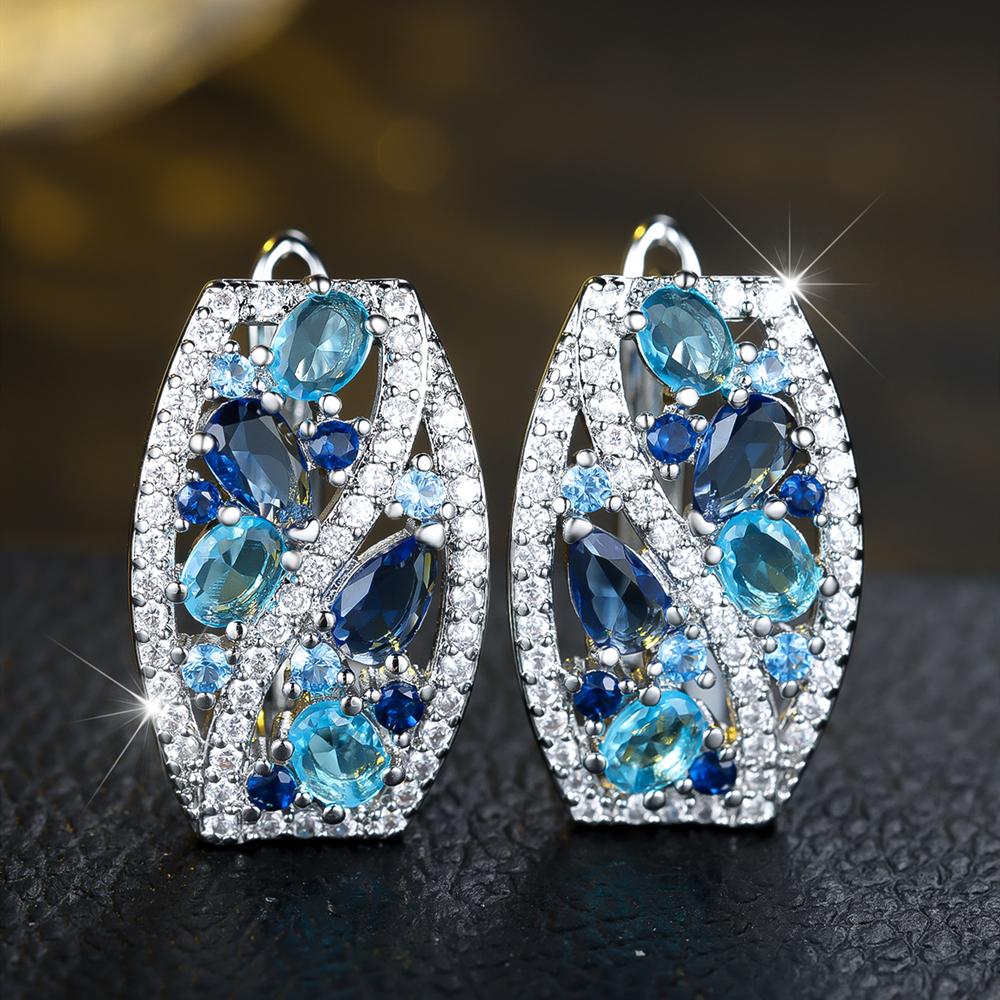 Bunte Weiß Blaue Zirkon Clip Ohrringe für Damen Silberfarben Hochzeitsparty Schmuck Geschenke
