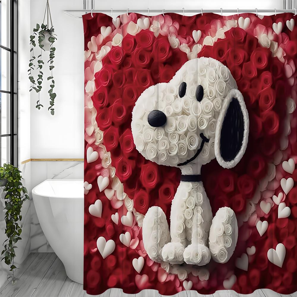 Valentine's Day Cute Puppy Red and White Rose Shower Curtain, Bathroom Decorative Shower Curtain, Waterproof Shower Curtain with