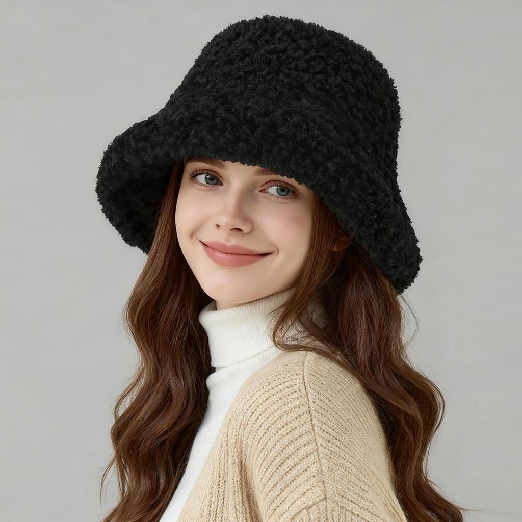 Women's Winter Faux Shearling Bucket Hat, Thickened Windproof Fluffy Fisherman Cap, Warm Cozy Outdoor Hat for Fall Winter