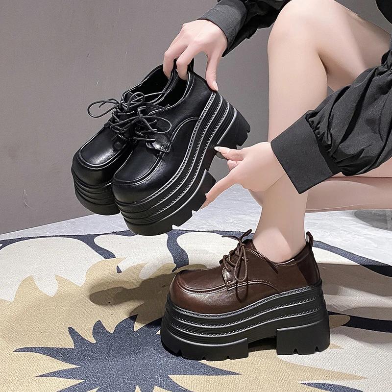10cm High Shoes for Women PU Leather Waterproof Platform Woman's Sneakers Casual Thick Sole Comfortable Loafers Zapatos De Mujer