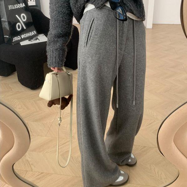 2025 Autumn/Winter Women s Elastic Waist Wide-Leg Drawstring Towel Pants - Thickened, Lazy Style, Casual and Straight Fit Large