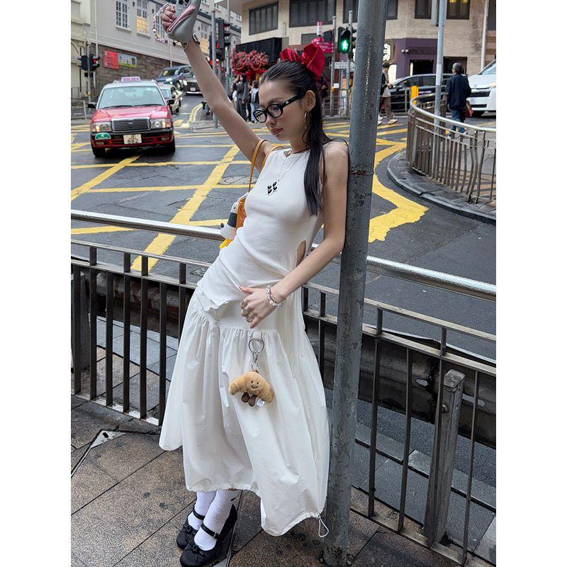 

Mmfish Fashionable Street-Style Knit Slim-Fit Solid Color Irregular Design Waist-Tie Top Tank Top White One size
