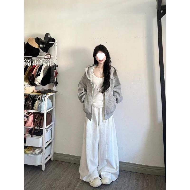 Graues Kapuzen-Sweatshirt mit Reißverschluss und hohem Kragen für Damen - Koreanischer Stil, lockere Passform für den frühen Herbst