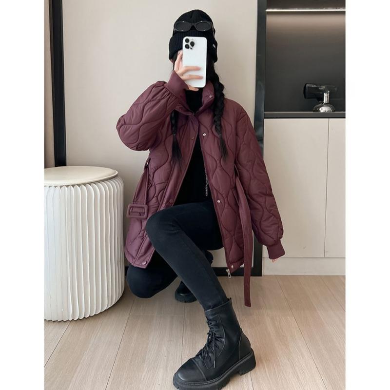 Winter Warm Quilted Down Cotton Coat Women Thickened Slim Fit Waist Belted Fashion Jacket