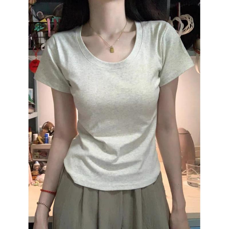 Milk Yellow Design Straight Shoulder Pure Cotton U-neck Short-sleeved T-shirt Women's Summer Spice Short Slim-fitting Waist Top