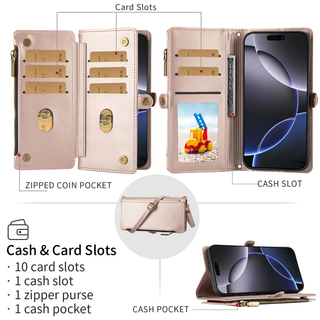 Applicable to iPhone 17 Pro Max protective case, zipper wallet, mobile phone case, leather case, anti-drop mobile phone case.
