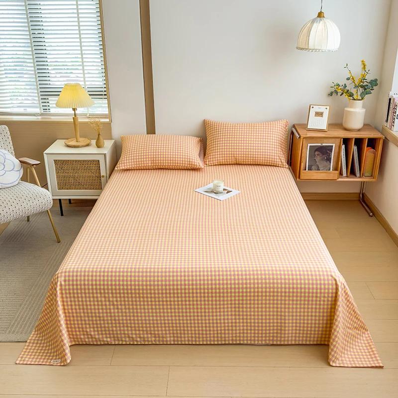 Geometric Plaid Pattern Bed Sheet Set Simple Grid Flat Sheet 100% Cotton Bedding Breathable Durable Sheets with 2 Pillowcases