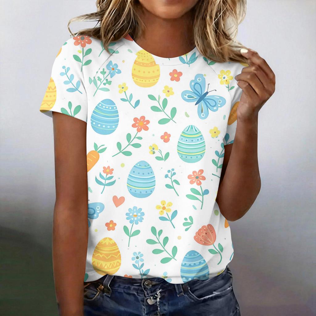 Women's Fashionable Casual Short-Sleeved Raglan Sleeve Easter Print T-Shirt Top