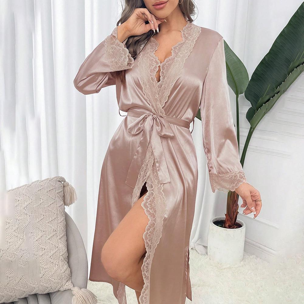 Satin Lace Sleepwear Set Luxury Long Sleeve Robe Cooling Nightgown Sexy Loungewear Bathrobe Women Elegant Home Dress