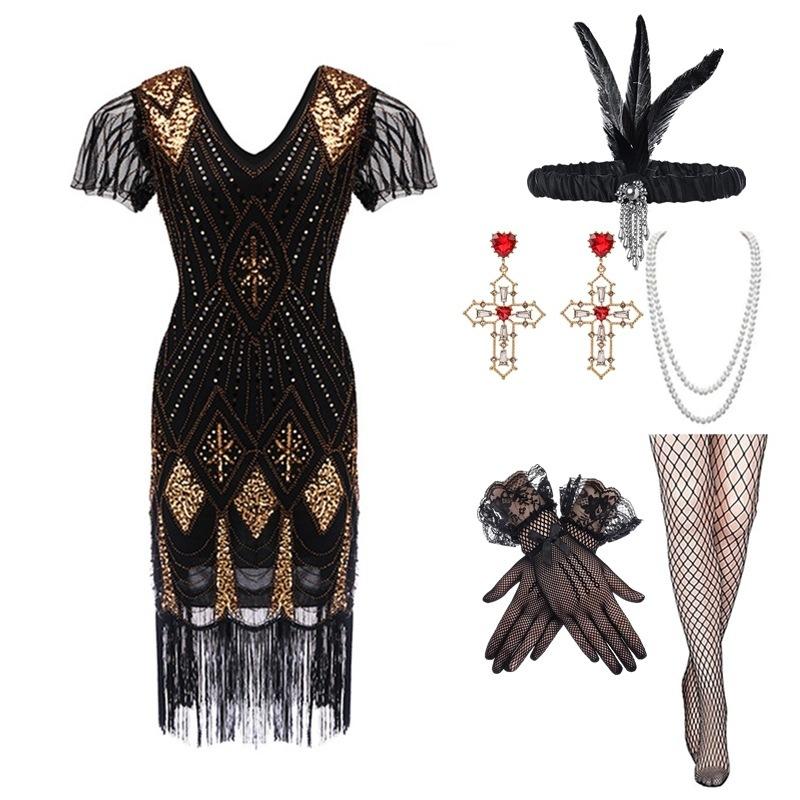 Large Size Retro Sequined Dress Handmade Beaded Fringed Dress Set
