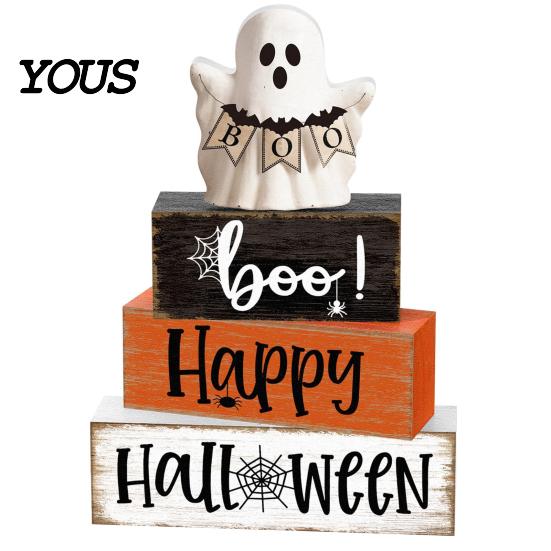 Indoor Fall Home Accents Halloween Ghost Decoration, Wooden Sign Tiered Tray Ornament, Farmhouse Scenery for Shelves Tabletop Centerpiece Coffee