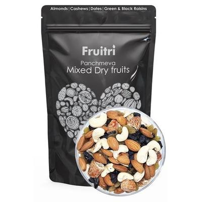 Fruitri Panchmeva Gemischte Trockenfrüchte 1 kg - Gesundes Studentenfutter-Trockenfrucht-Kombipaket enthält Mandeln, Cashewnüsse, Datteln, grüne und schwarze Rosinen