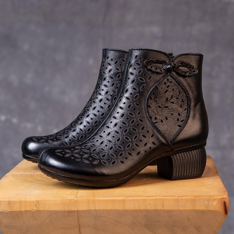 New hollow leather cool boots women's thick high heel retro short boots breathable hole soft sole mother high top sandals