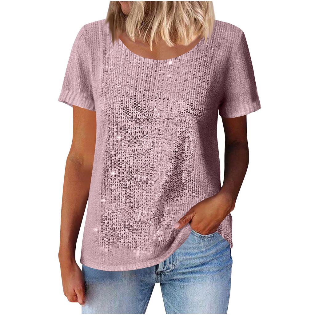 Women Multi Color Round Neck Short Sleeve Glitter Sparkle Casual Top