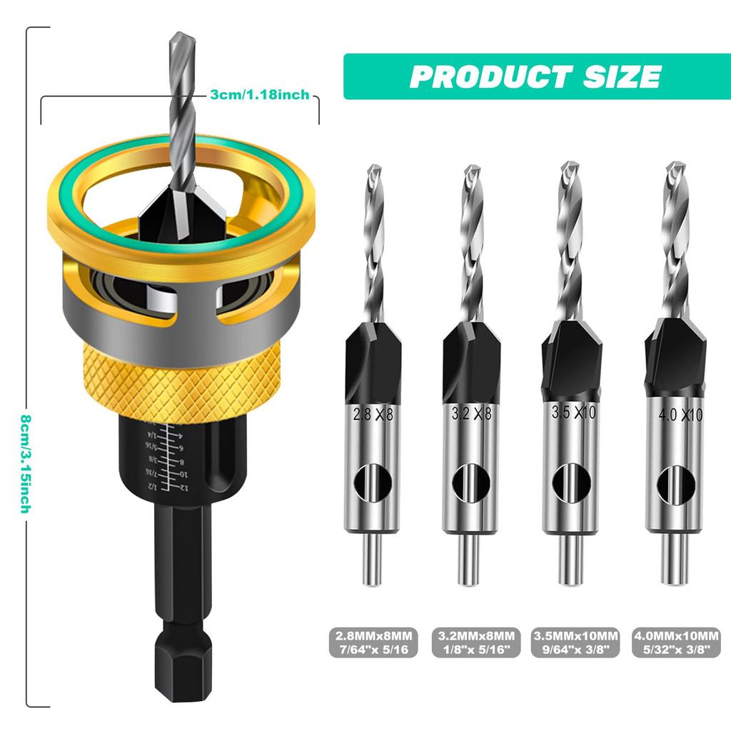 Adjustable Depth Countersink Drill Bit Set 4 Pieces M2 High Speed Steel for Wood Metal and Decorative Materials