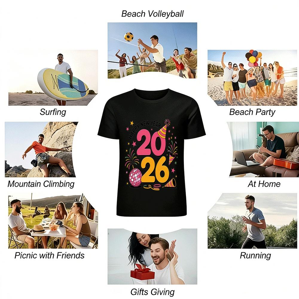 Happy New Year 2026 Party Print Casual Top Pure cotton T-shirt