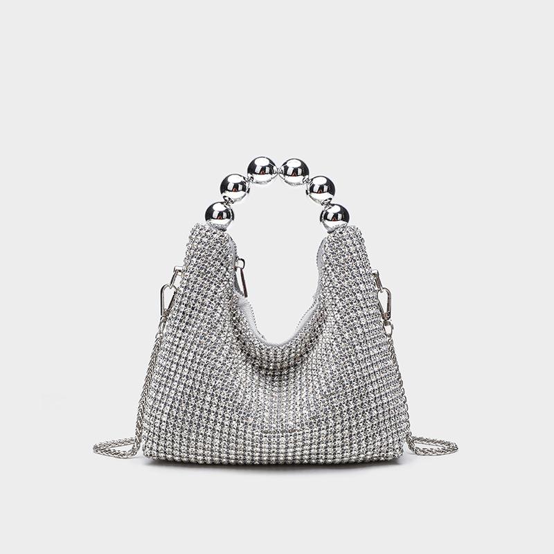 New round bead handbag inlaid brick women's fashion versatile diamond chain rhinestone shoulder bag messenger dinner bag
