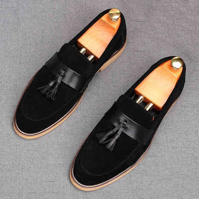 Fashion Fashion New Men's Pointed Tassels Suede Genuine Leather Flats Shoes Designer Male Homecoming Wedding Dress Footwear