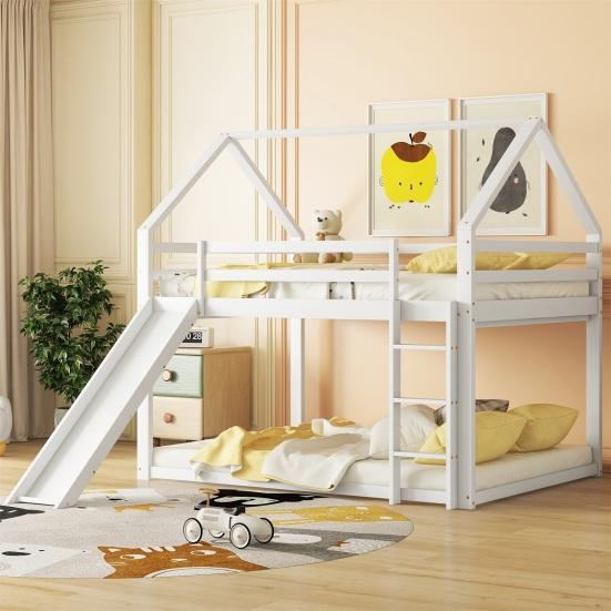 Stable Base Bunk Bed with Ladder Slide Falling Protection House Bed Strong Load Bearing Double Bed Solid Structure Wood Frame Family Loft Bed Bedroom
