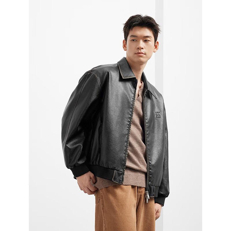GXG Men's Simple Design PU Leather Casual Lapel Jacket