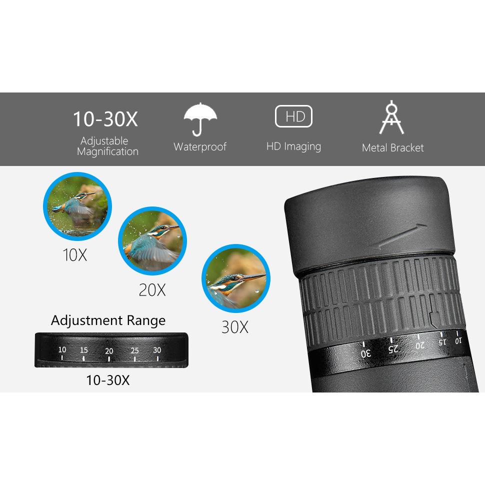 10-30x50 High Power Monocular Telescope Adjustable Magnification with Smartphone Holder Tripod FMC Coating BAK4 Prism Waterproof and Anti-fogging
