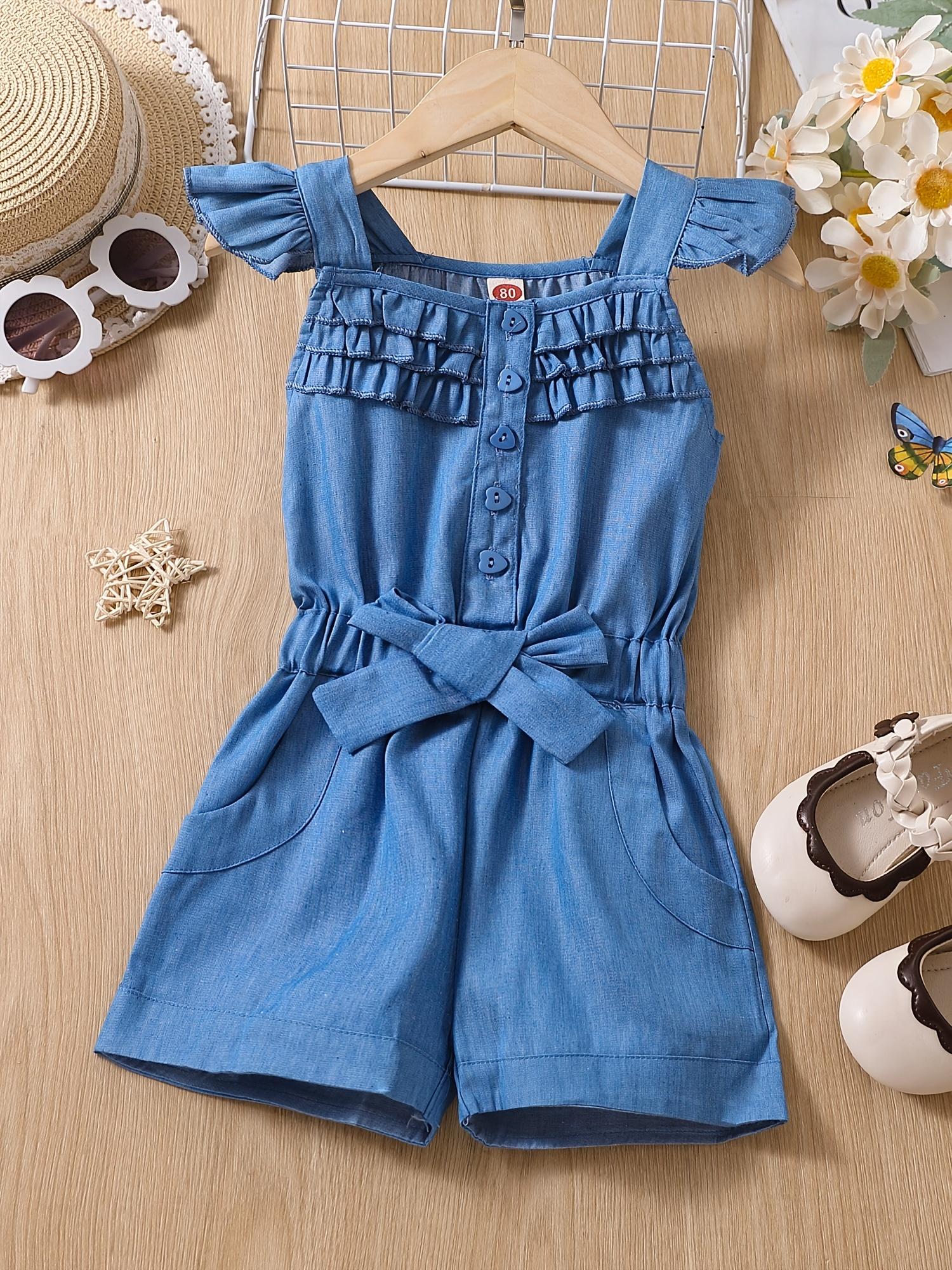 Girls Fresh Denim One-Piece Shorts with Ruffled Collars + Waistband with Bow Design - Perfect Summer Casual Shorts for Little Girls 80