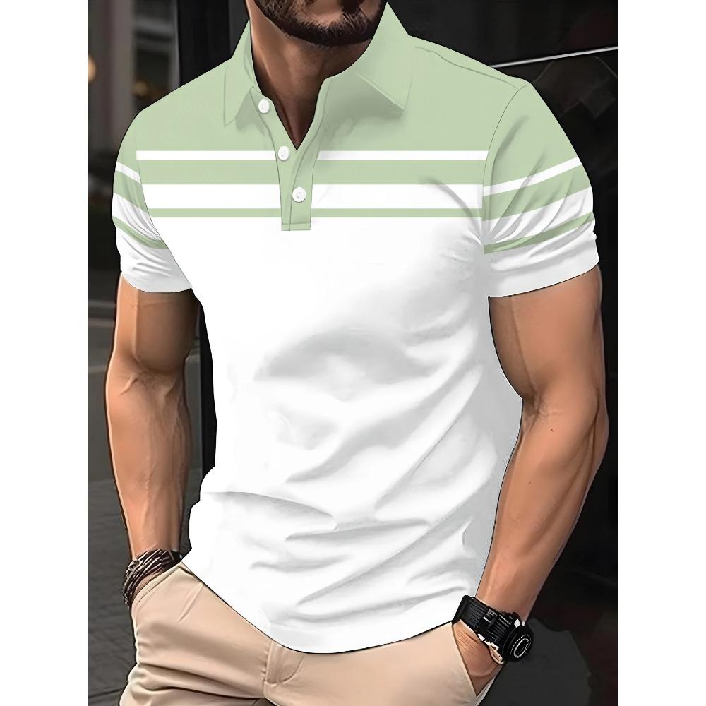 Fashionable men's summer polo shirt with casual lapel button design and custom striped print