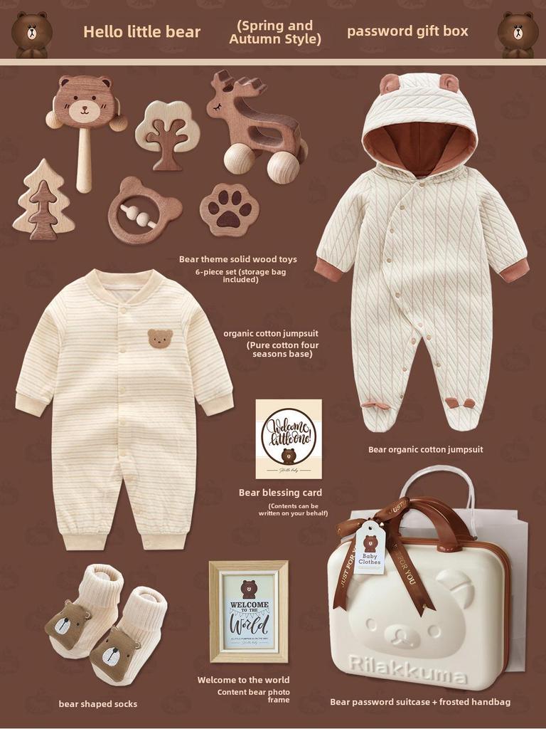 Conjunto de presente de urso de algodão orgânico com brinquedo de madeira em mala – presente unissex de primavera para o inverno