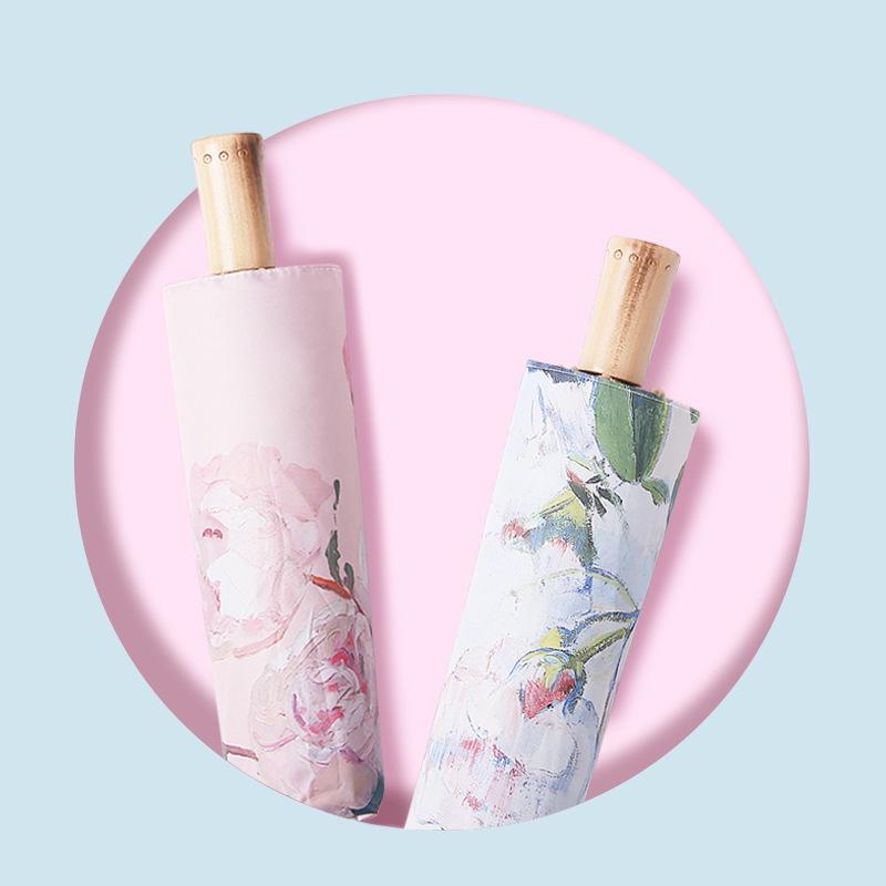 Automatic Black Glue Peony Sun & Rain Umbrella - Double-Layer Anti-UV, Oil Painting Design