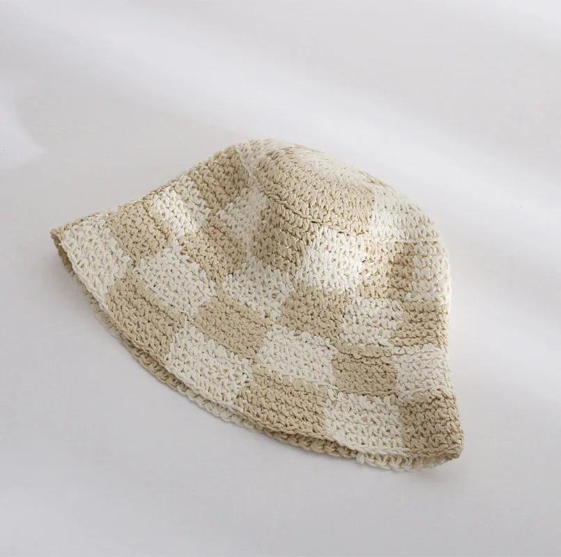 Japan Korea Crochet Beach Straw Hat Women Summer Flowers Grid Pure Hand-woven Hat Sunshade Fisherman Breathable Bucket Gorras
