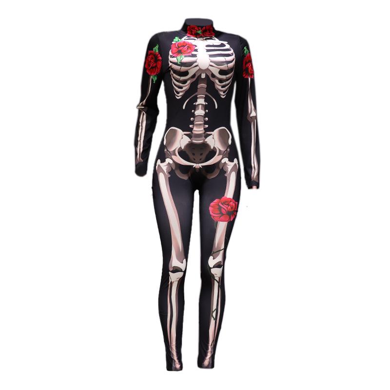 Sofort verfügbar Halloween Damen Cosplay Jumpsuit - Rosen-Skelett-Print für Eltern-Kind-Kleidung
