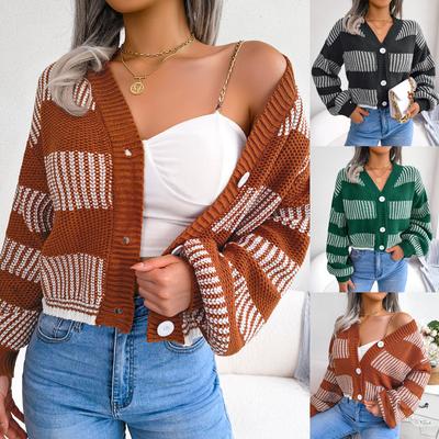 Women Knit Cardigans Printed Block Knitted Button V Neck Long Sleeve Casual Crop Sweater Loose Pullover Jumpers