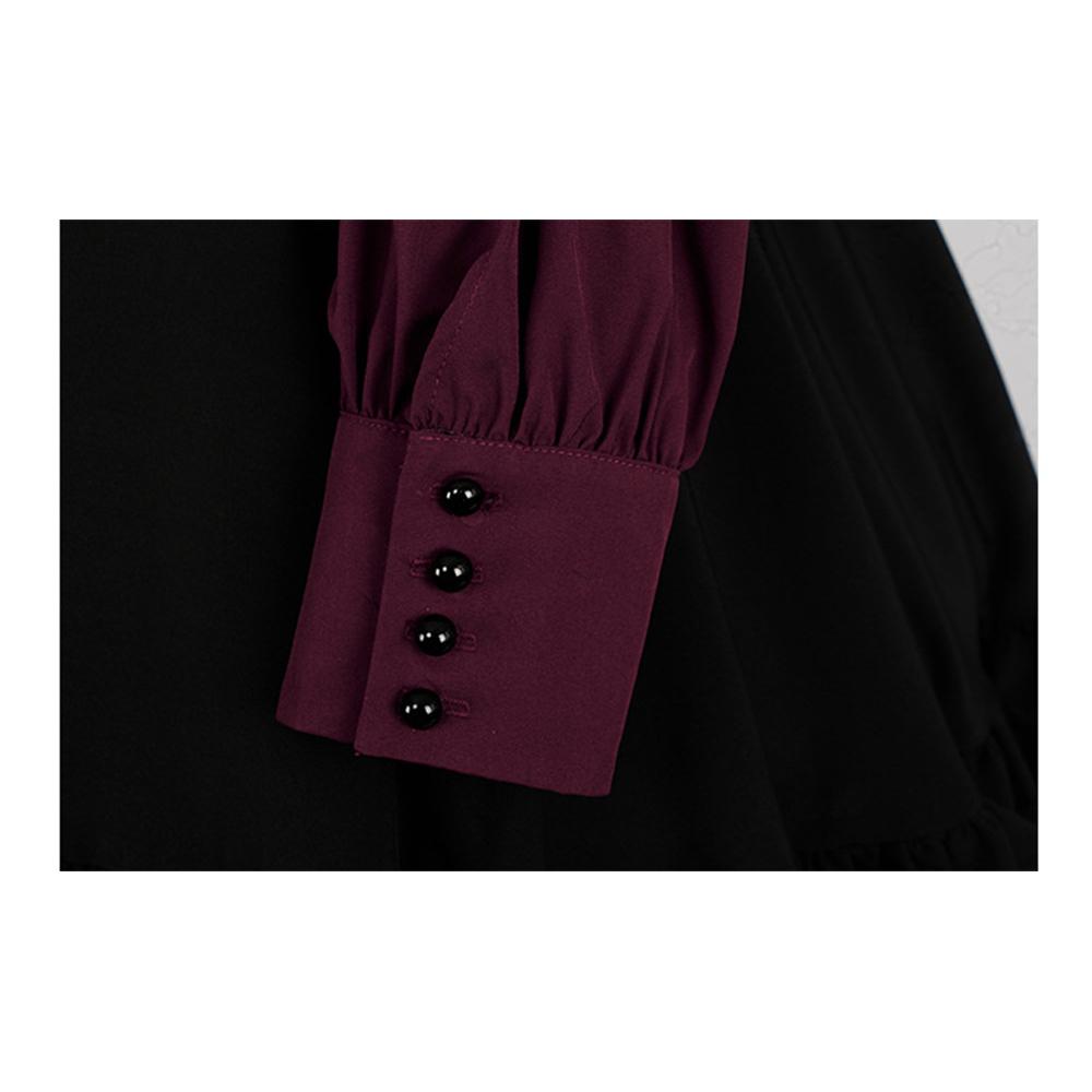 Long Sleeves Polyester Ruffle Dress with Bows, Women's Black and Red Gothic Dress for Women
