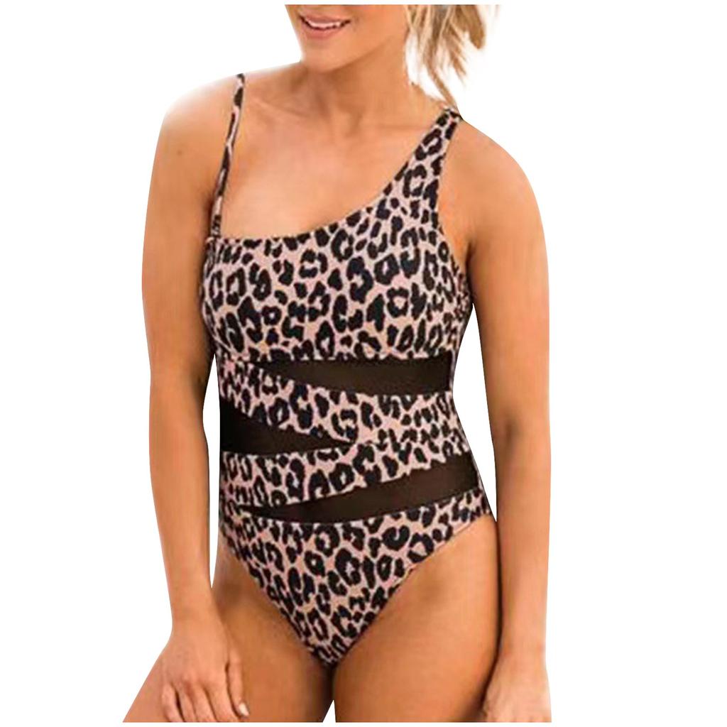 Women's Fashion Splicing Mesh Spaghetti Straps Bikini Swimsuit With Slanted Shoulder