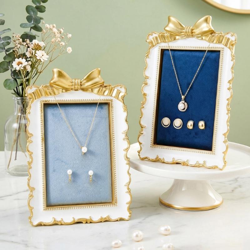 Jewelry Display Stand with Lined Panel, Ornate Resin Frame, Tabletop Holder for Vanity, Counter, and Dresser Display