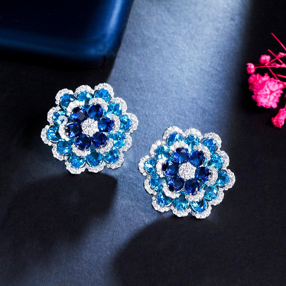 

Needle French Light Luxury Multi-Layer Three-Dimensional Full Diamond Gradual Change Blue Flower Stud Earrings Heavy Industry Earrings Earrings