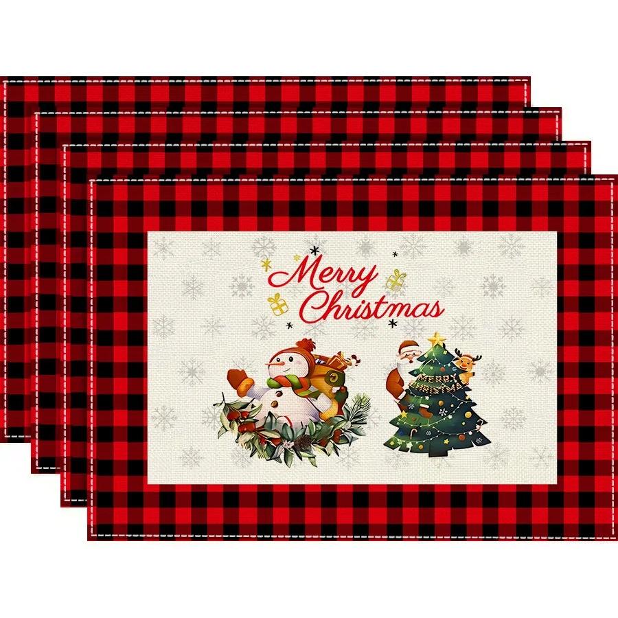 4/6/8PcsChristmas Theme Linen Place Mats Linen Table Mats for Party Dining Decor Non-Slip Heat-Resistant KitchenDinnerTable Mats 4Pcs-30X45cm(12X18in