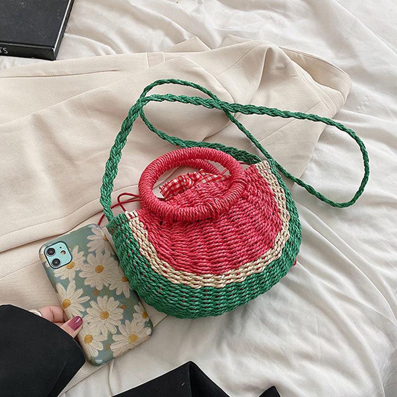 Small Hand-made Braided Bags Beach Summer Straw Bag Fashion Rattan Totes Lady Cute Watermelon Shoulder Bags Women Woven Handbags