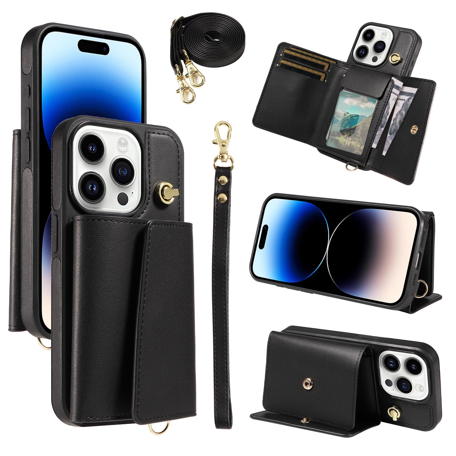

For iPhone 14 Pro Crossbody Phone Case Card Holder Kickstand Leather Coated TPU Mobile Cover A