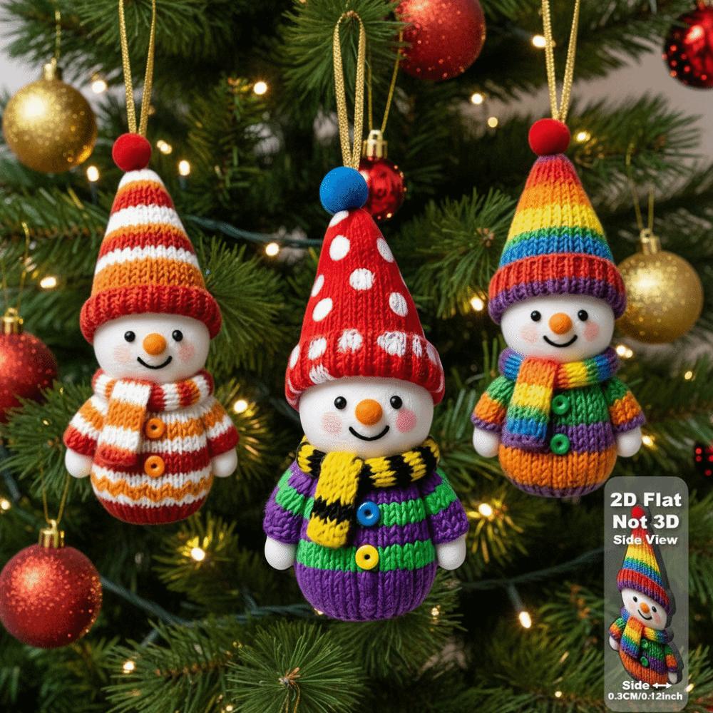 16 Stück 2D Flache Schneemann Holzornamente Gestrickter Stil Bunt Weihnachtsbaum Hängende Ornamente mit Bändern DIY