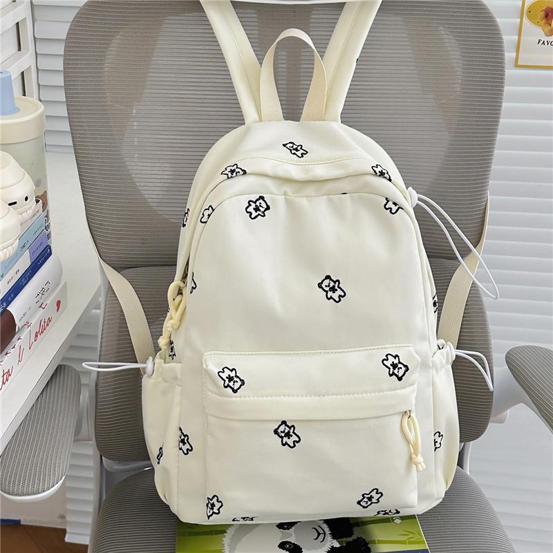 Cute Bear Print School Backpack with Front Pocket Side Drawstrings Casual Daypack for Daily Use