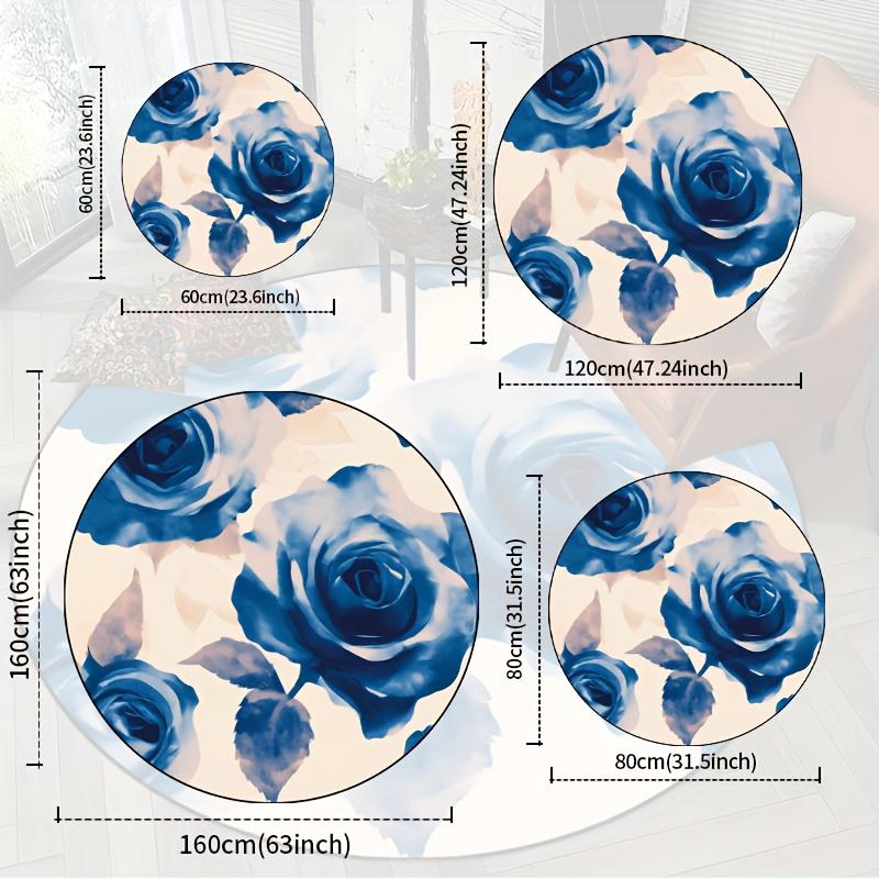 Luxury  Blue Rose Pattern Round Shape Floor Mats Kitchen Hallway Runner Rug Bedroom Living Room Soft Carpet Non-slip Area Rug