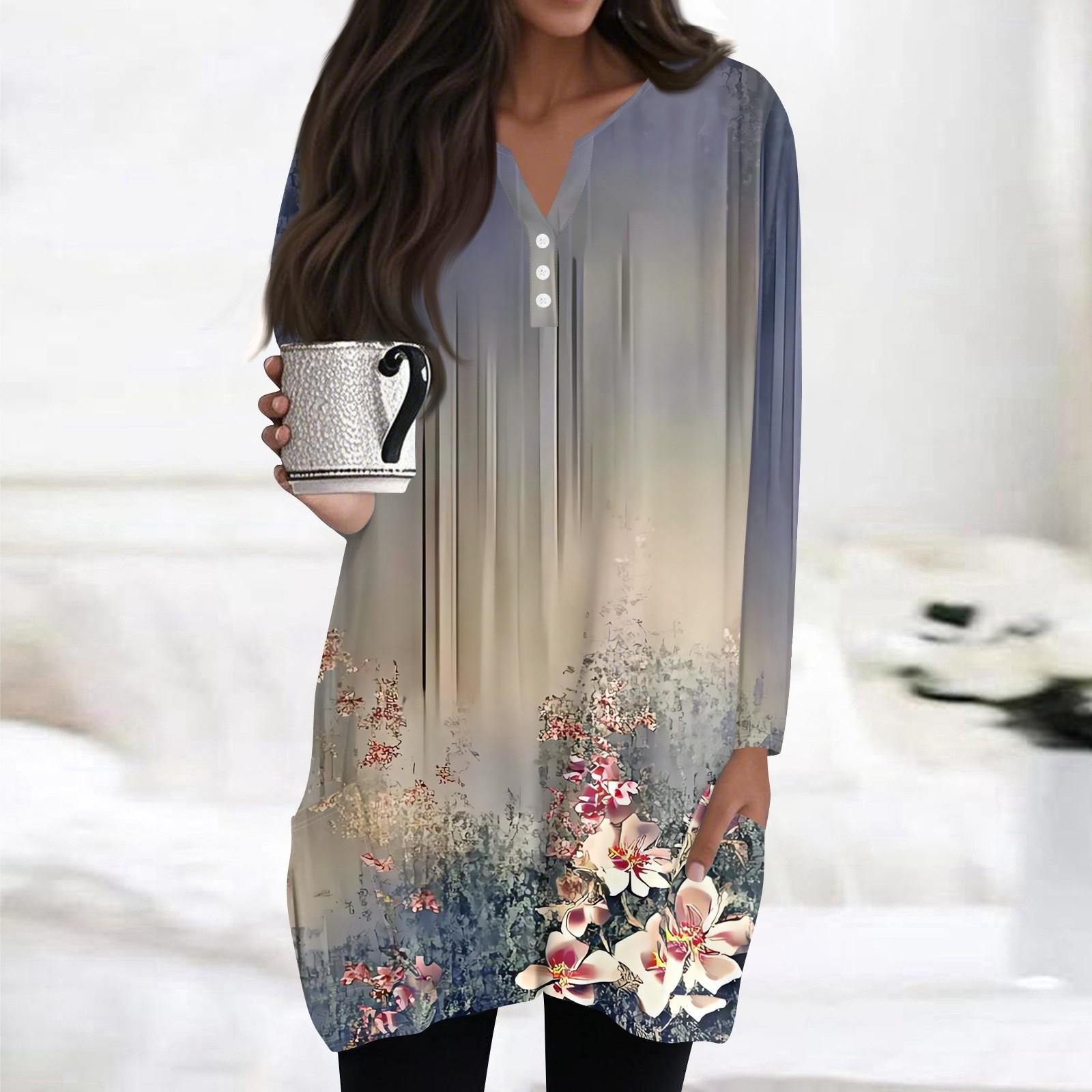 

Womens Tops V-neck Button Long Sleeve Blouses Casual Mid-length Shirts Fashion Print Tunic Tops With Pockets XL фіолетовий