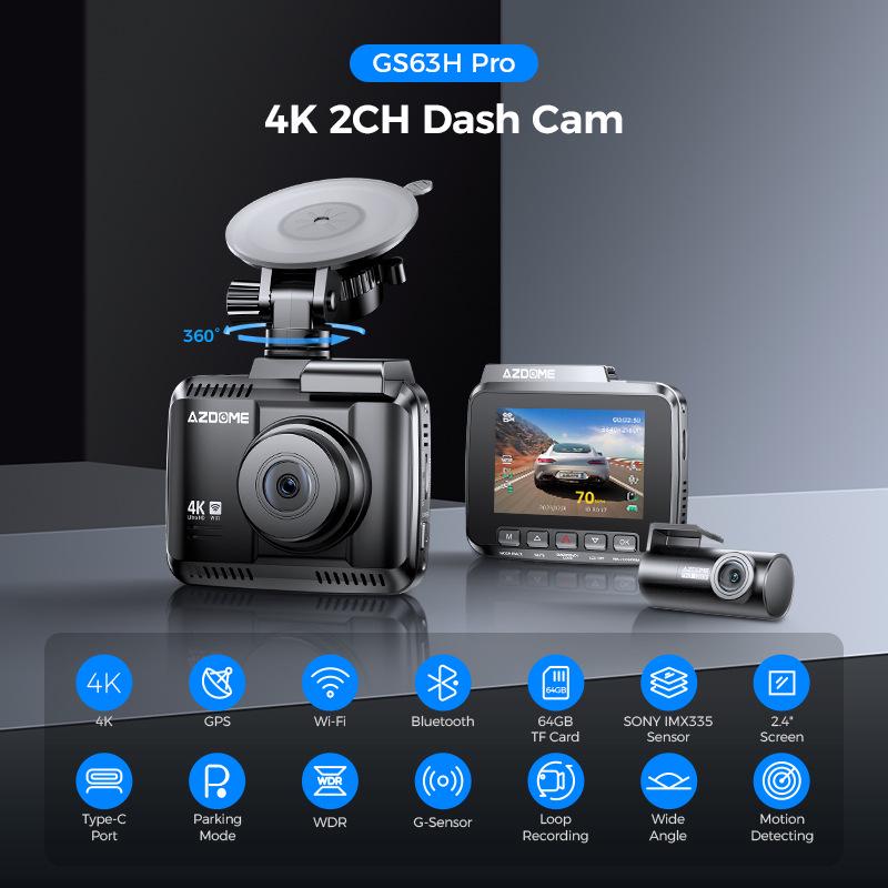 AZDOME 4K Dual Lens Dash Cam with Bluetooth, WiFi, Parking Monitor, and GPS Tracking