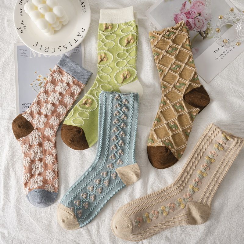 5 Pieces/white Floral Mid-tube Socks Women's Trendy Japanese Powder Fog Color Student Loli Spring Thin Section JK Socks Pink New