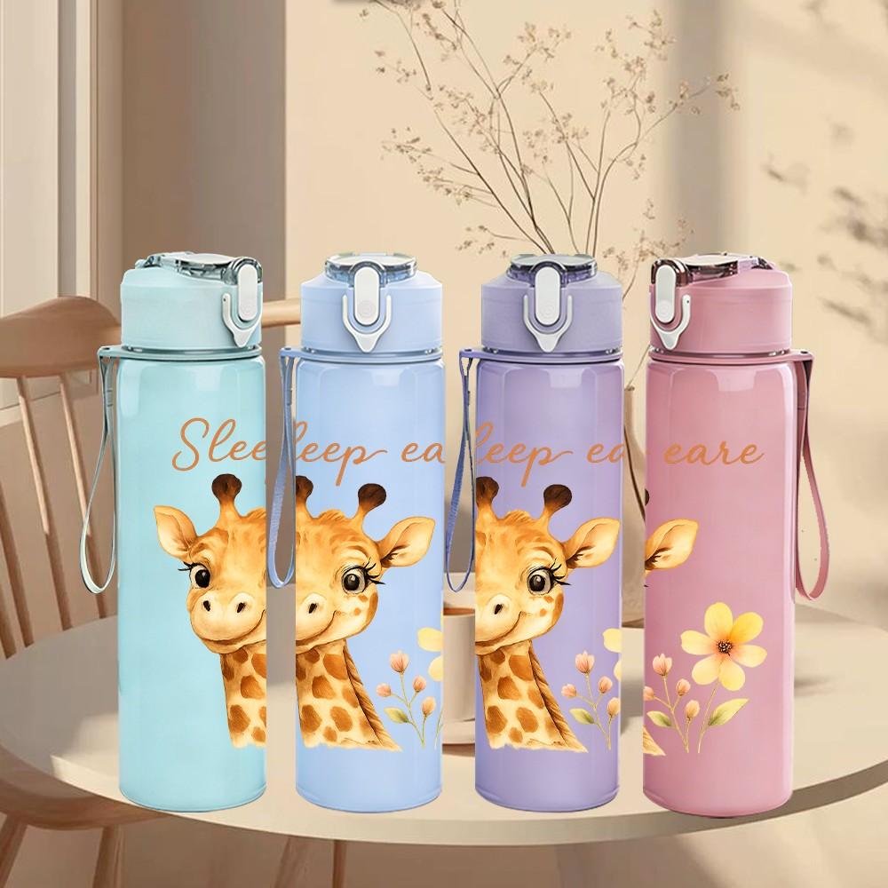 1PC Sleep Care Giraffe Flower 750ml Color Plastic Sports Water Bottle Leakproof Flip Straw Lid Suitable for Sports Office Home Use