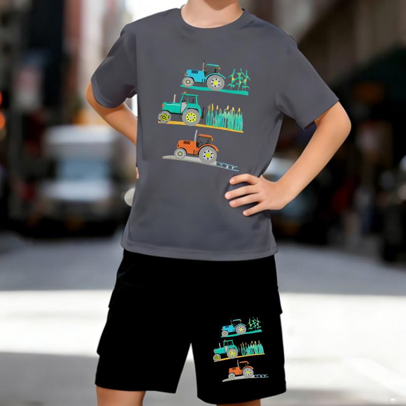 Boys 2 Piece Farming Themed Printed Outfit, Short Sleeve T-Shirt and Shorts Set for Kids Age 5-14,Black,White Sporty Casual Summer Clothes